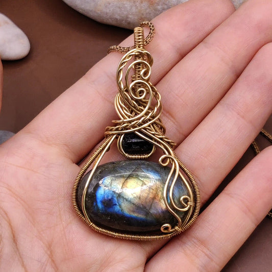 Mahesha 002 labradorite and raw black tourmaline pendant made with pure brass by local artisans of India 