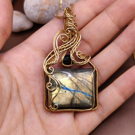 Mahesha 003 labradorite and raw black tourmaline pendant made with pure brass by sanguine aura handmade jewellery, Bharat
