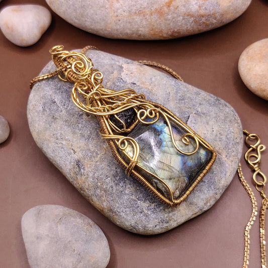 Mahesha 004 labradorite and raw black tourmaline pendant made with pure brass by Sanguine Aura handmade jewellery, India 