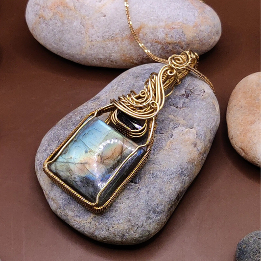 Mahesha 005 labradorite and raw black tourmaline pendant made with pure brass by sanguinr aura handmade crystal jewellery, India 