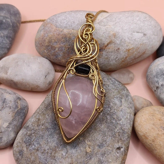 Mahesha Brass pendant with rose quartz and black tourmaline 002 made by sanguine aura handcrafted jewellery, Bharat