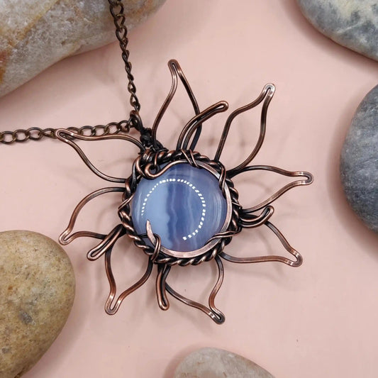 Mahua blue lace agate necklace in copper designed by sanguine aura handcrafted crystal jewellery