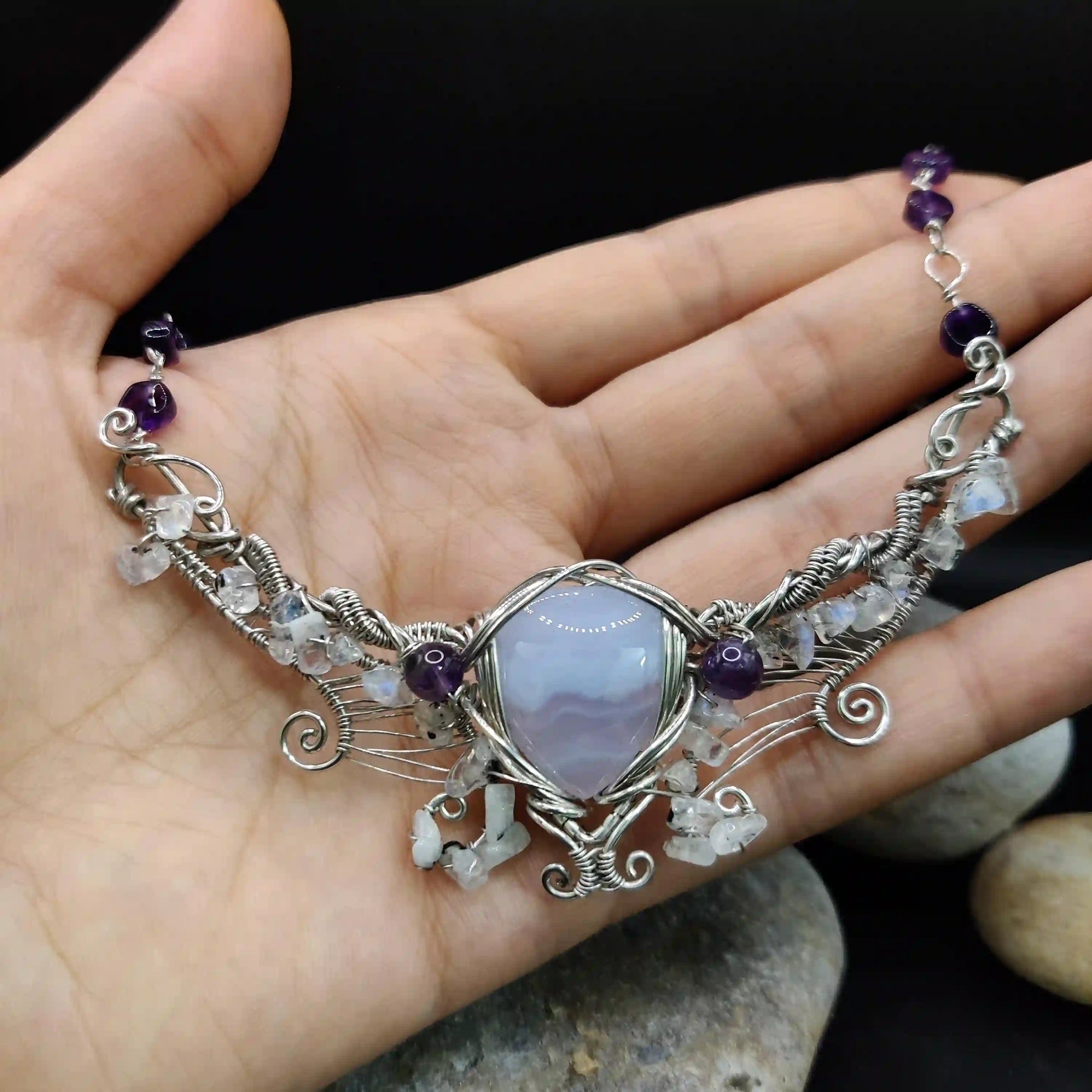 Malati - Blue lace Agate + Rainbow Moonstone + Amethyst Necklace By Sanguine Aura Handcrafted Jewellery. Healing Benefits Of Blue lace Agate, Rainbow Moonstone, Amethyst - calm, balance, & clarity.