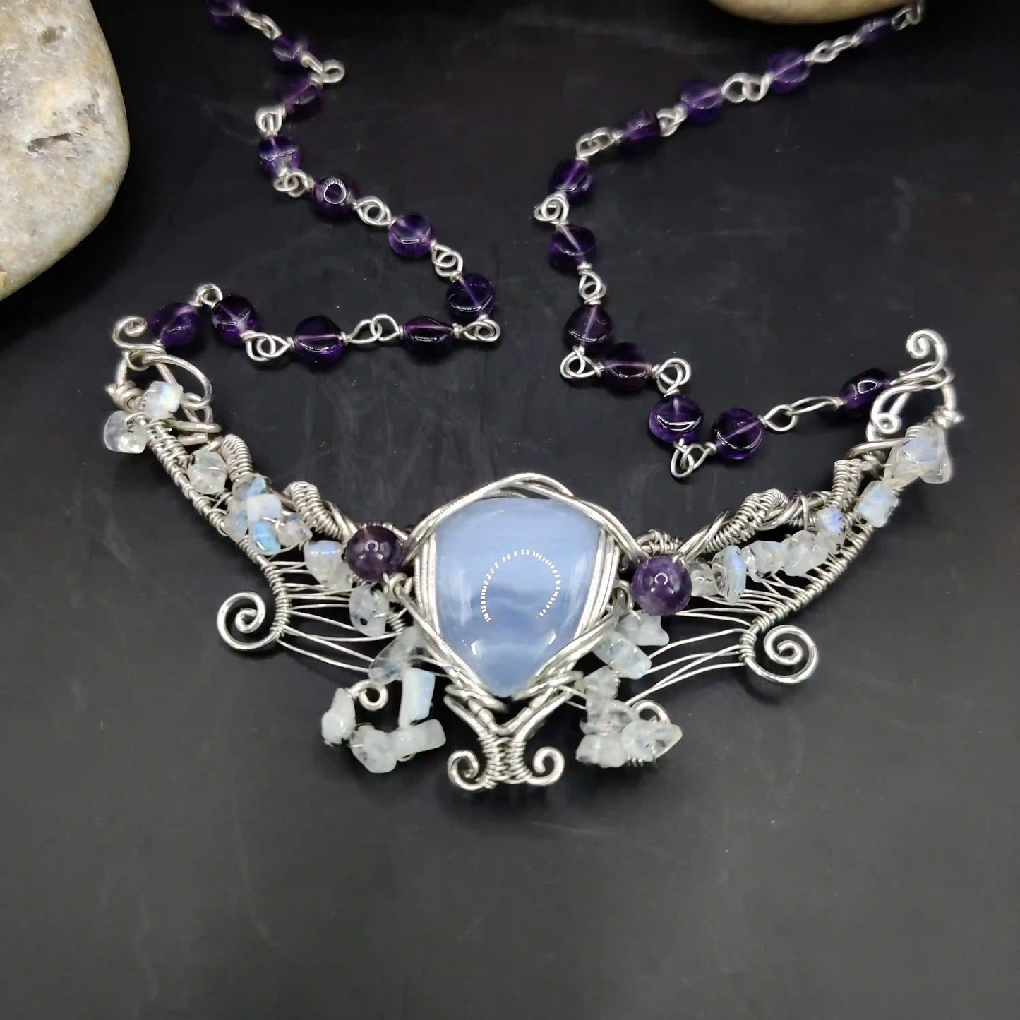 Malati - Blue lace Agate + Rainbow Moonstone + Amethyst Necklace SA1 By Sanguine Aura Handcrafted Jewellery