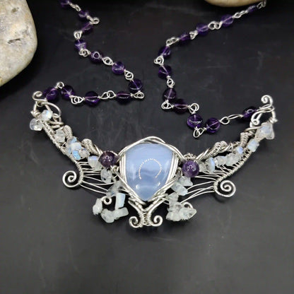 Malati - Blue lace Agate + Rainbow Moonstone + Amethyst Necklace SA1 By Sanguine Aura Handcrafted Jewellery