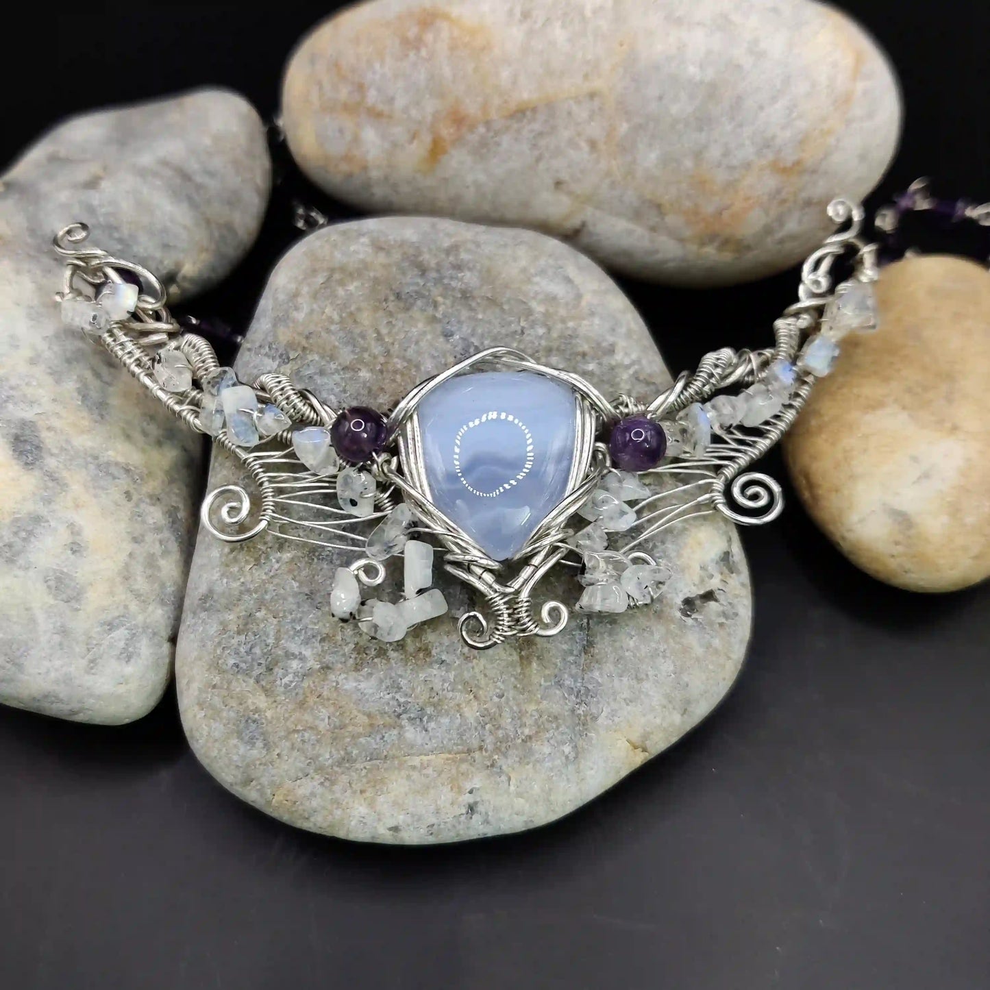 Malati - Blue lace Agate + Rainbow Moonstone + Amethyst Necklace SA2 By Sanguine Aura Handcrafted Jewellery
