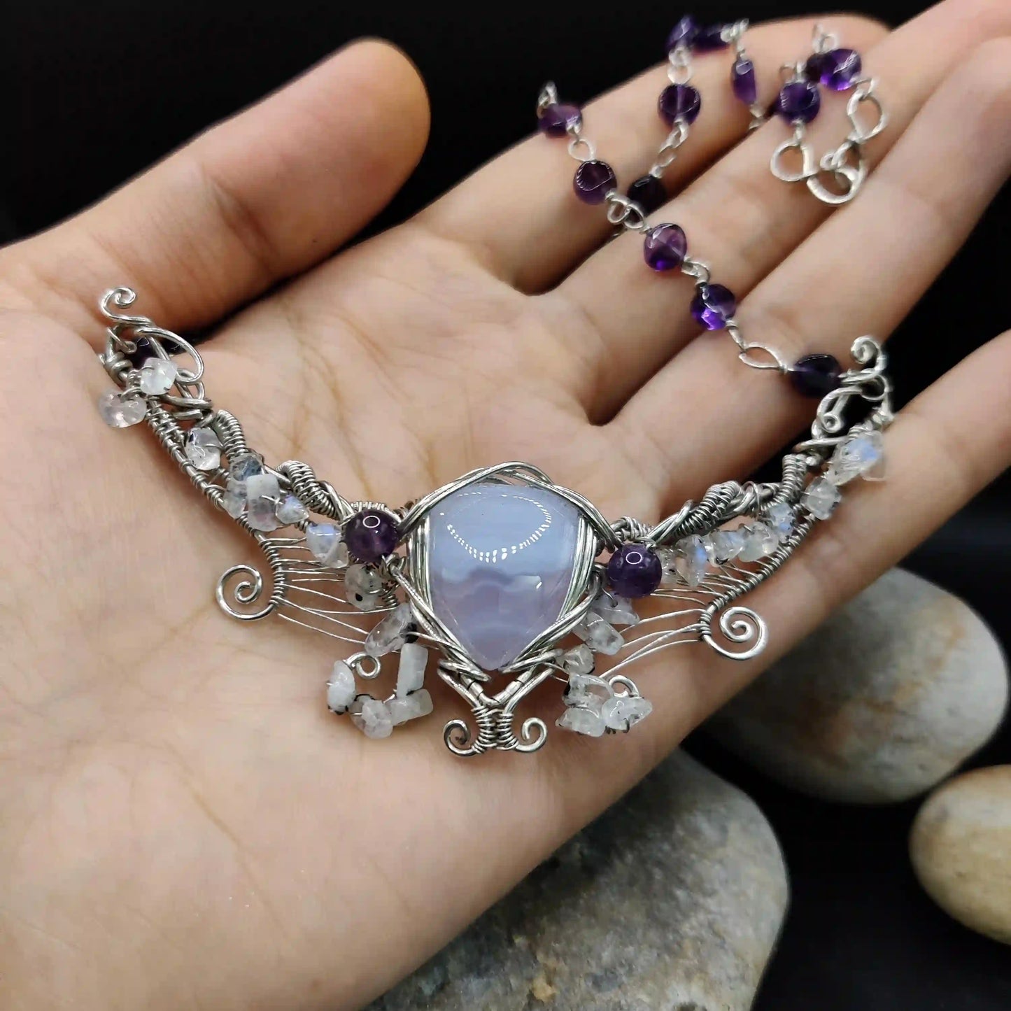 Malati - Blue lace Agate + Rainbow Moonstone + Amethyst Necklace SA3 By Sanguine Aura Handcrafted Jewellery