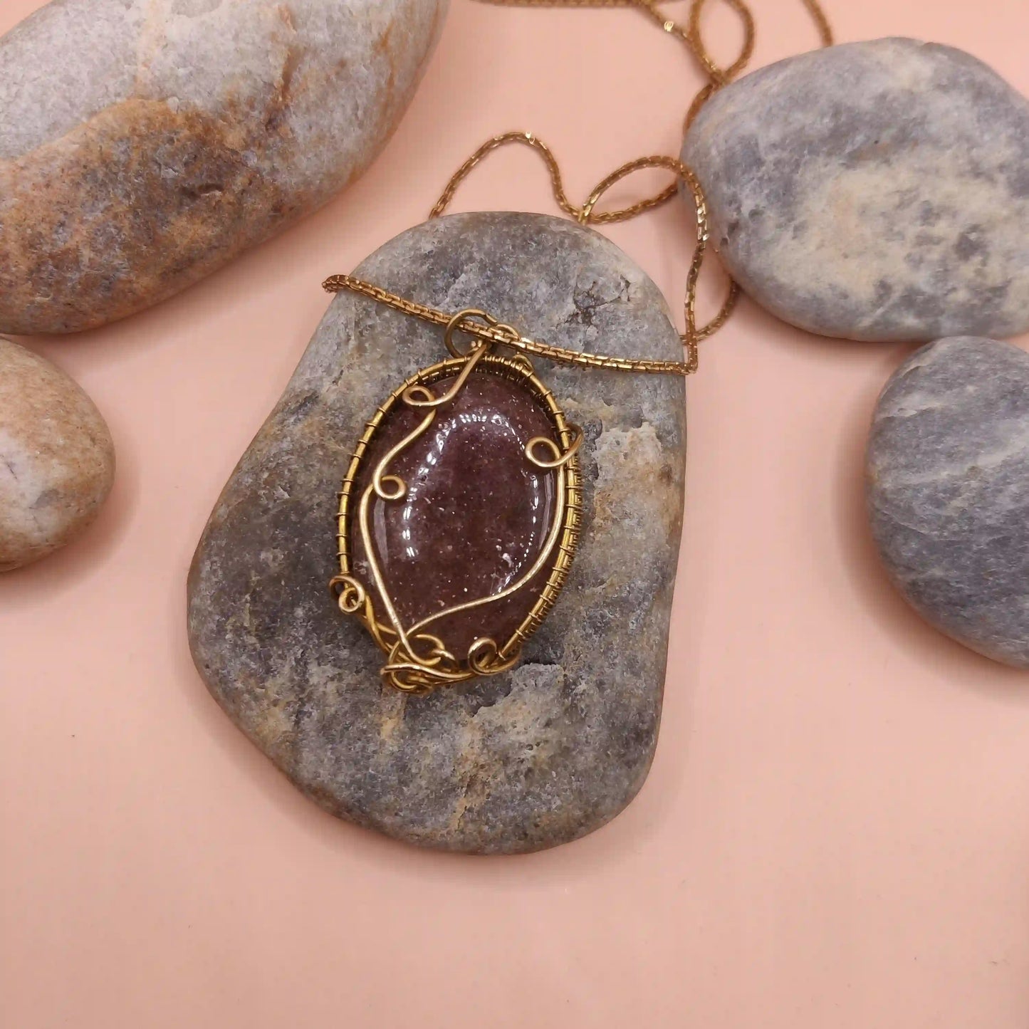 Manovriti - Strawberry Quartz Necklace In Brass 001 By Sanguine Aura Handcrafted Jewellery