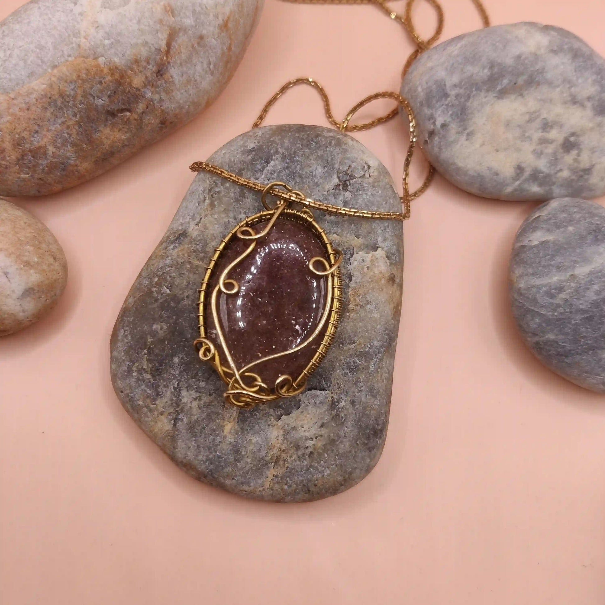 Manovriti - Strawberry Quartz Necklace In Brass 001 By Sanguine Aura Handcrafted Jewellery