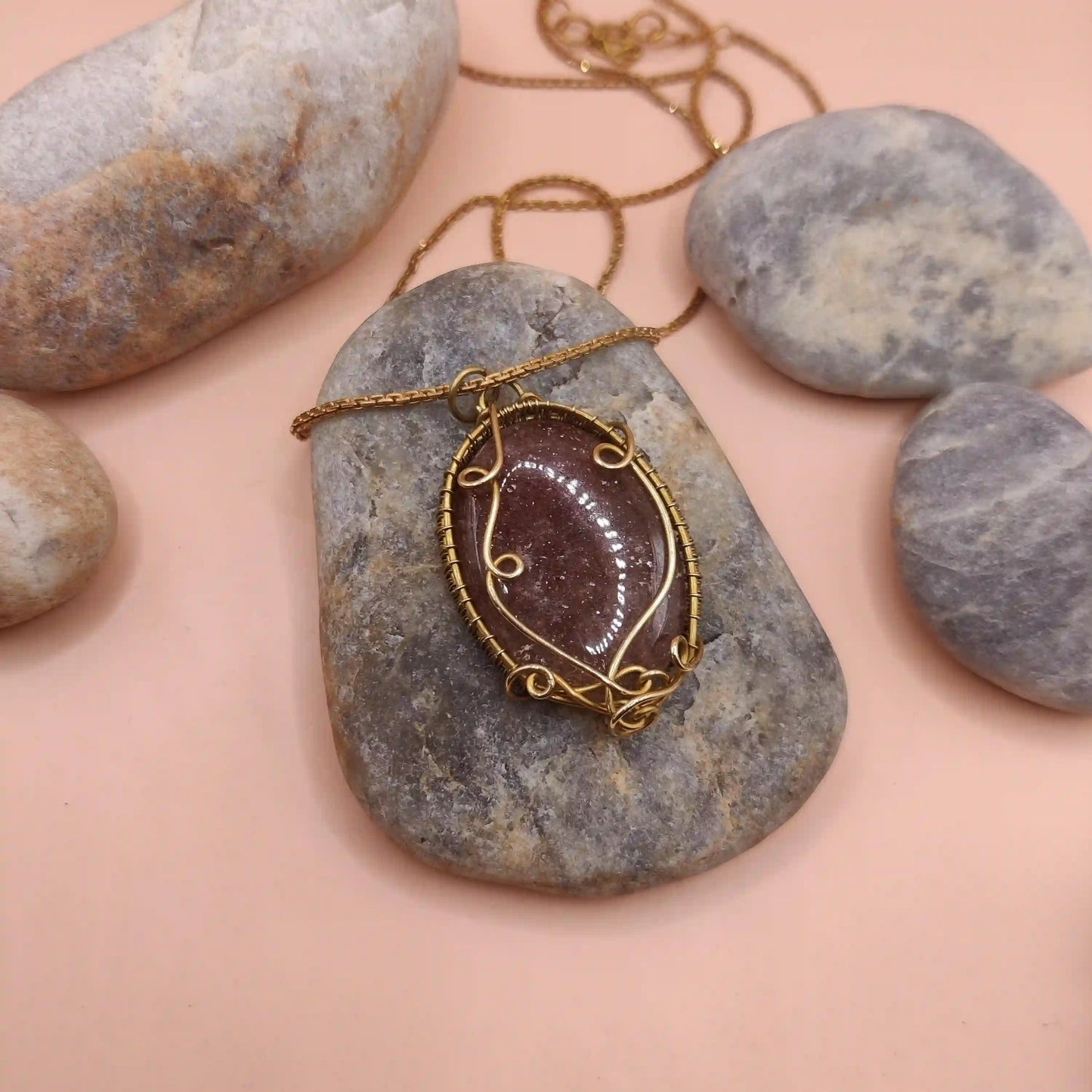 Manovriti - Strawberry Quartz Necklace In Brass 001 SA1 By Sanguine Aura Handcrafted Jewellery