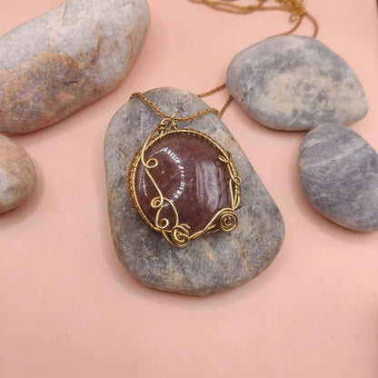 Manovriti - Strawberry Quartz Necklace In Brass 002 SA1 By Sanguine Aura Handcrafted Jewellery