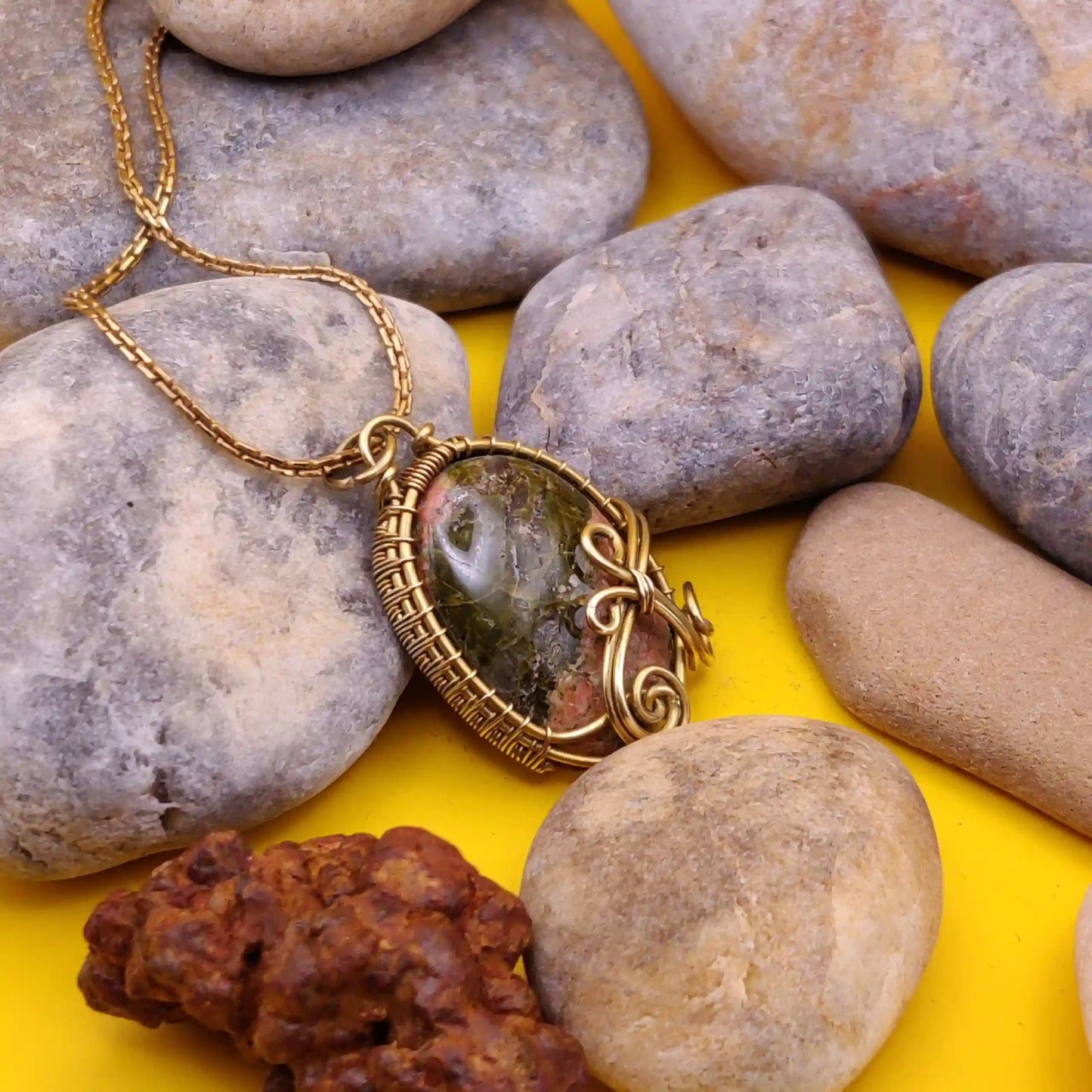 Manovriti – Petite Unakite Necklace In Brass By Sanguine Aura Handcrafted Jewellery