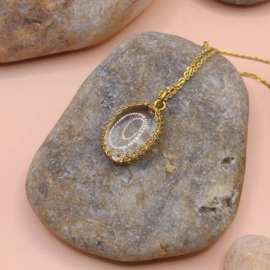 Meera - high quality clear quartz minimalistic pendant in brass made by sanguine aura handcrafted jewellery 