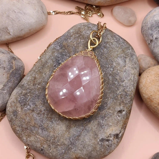 Meera rose quartz pendant in brass 002 by sanguine aura, India 