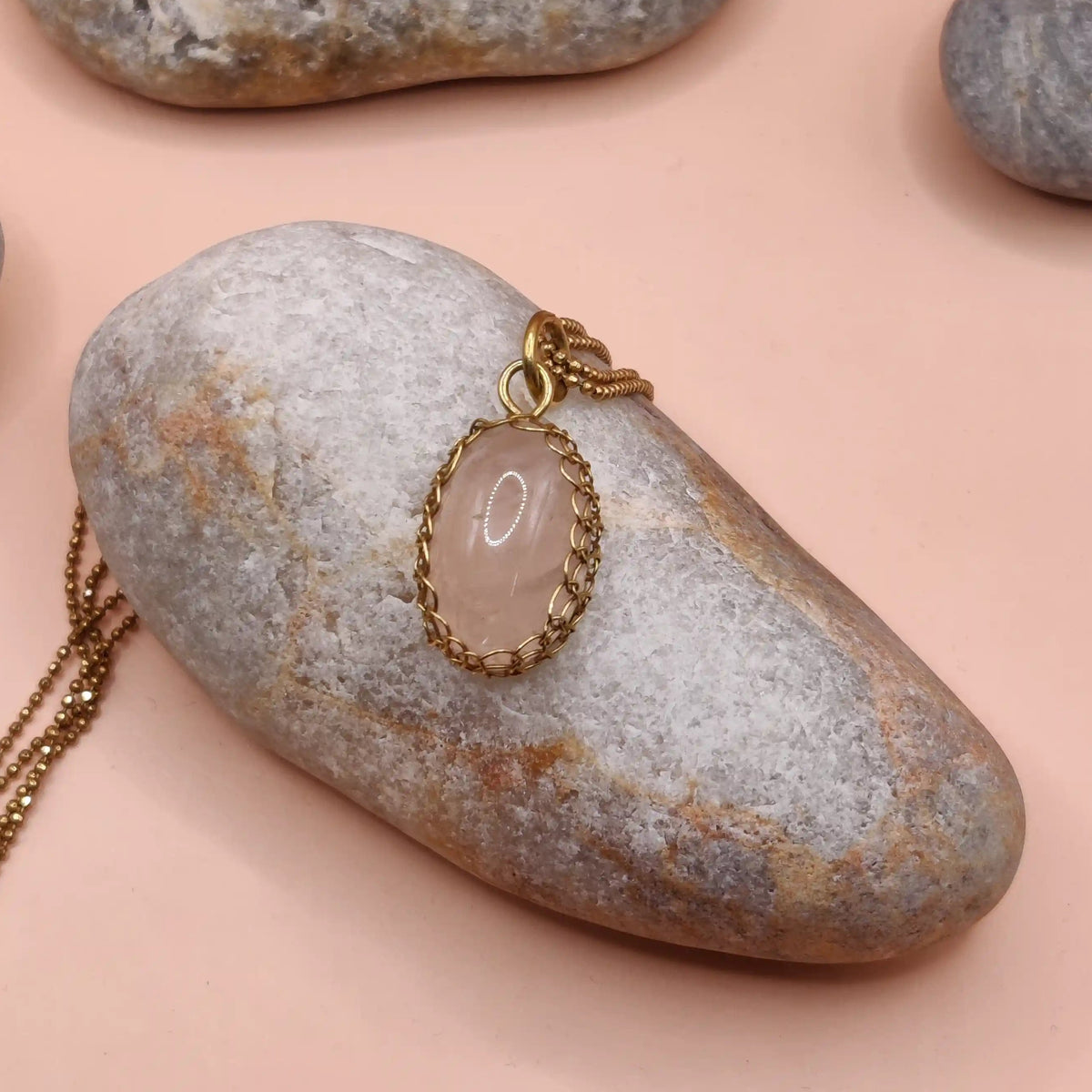 Meera rose quartz pendant in brass 003 made in India with real authentic rose quartz and fine brass