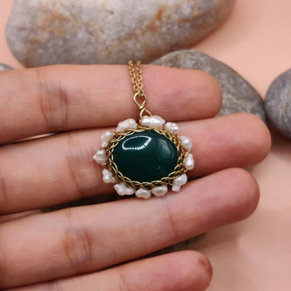 Mina green onyx and pearl pendant made with natural untreated green onyx and real pearls with brass by sanguine aura, India 