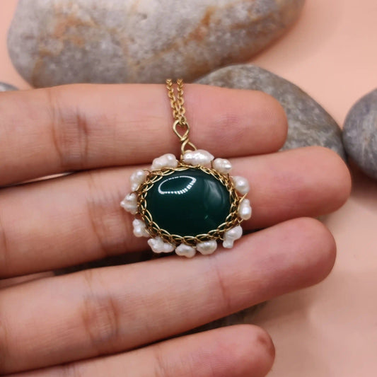 Mina green onyx and pearl pendant made with natural untreated green onyx and real pearls with brass by sanguine aura, India 