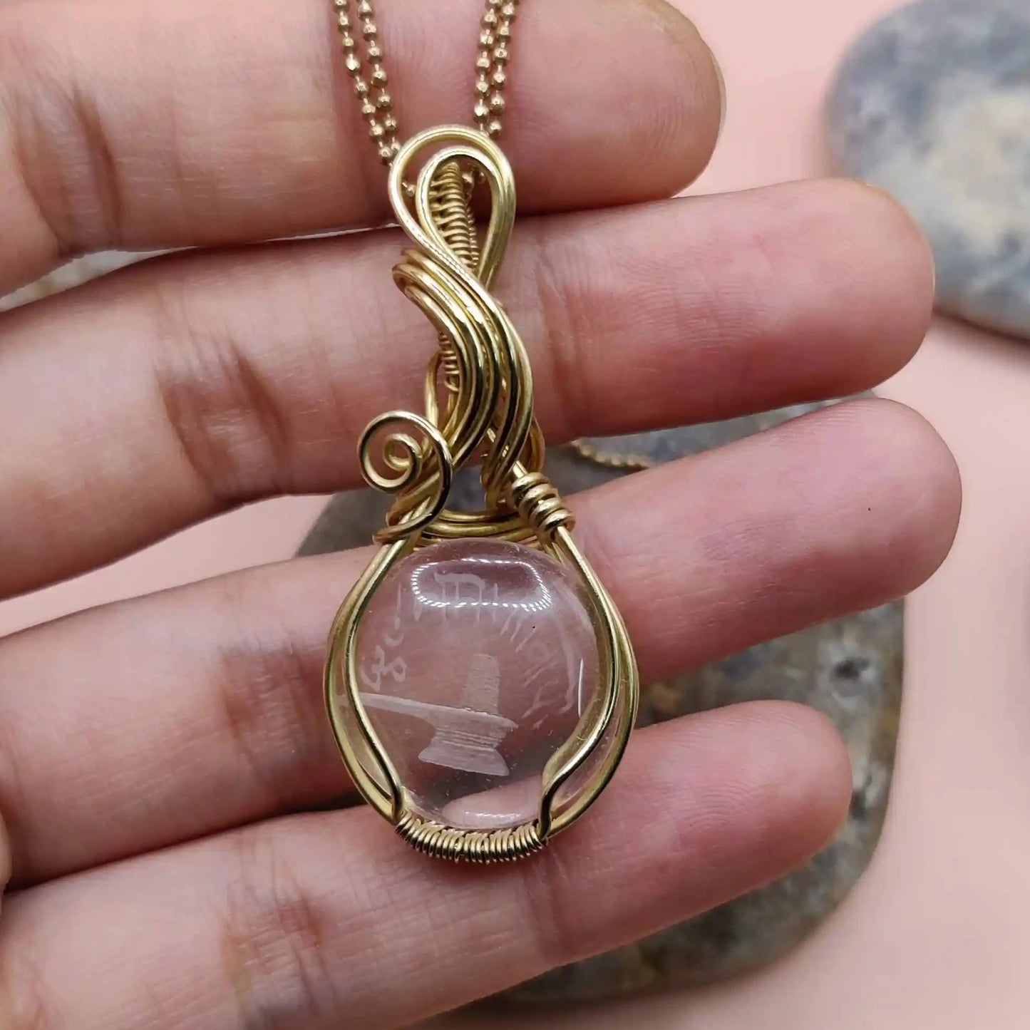 Mrida 003 clear quartz crystal brass necklace with shivling om namah shivay carving designed by sanguine aura handcrafted jewellery