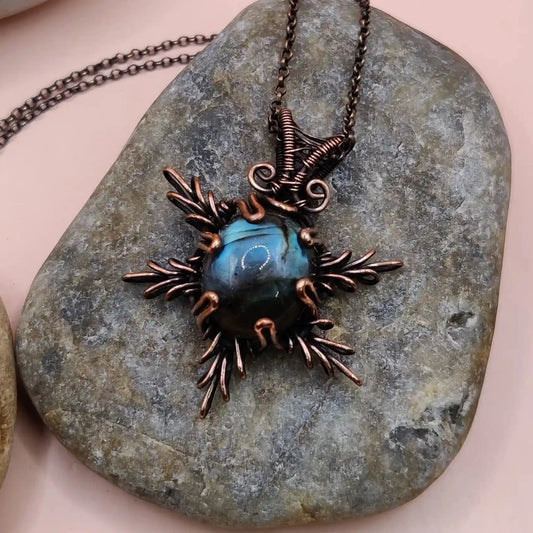 Mrunmayee blue flash labradorite copper pendant 001 designed by sanguine aura handcrafted natural crystal jewellery