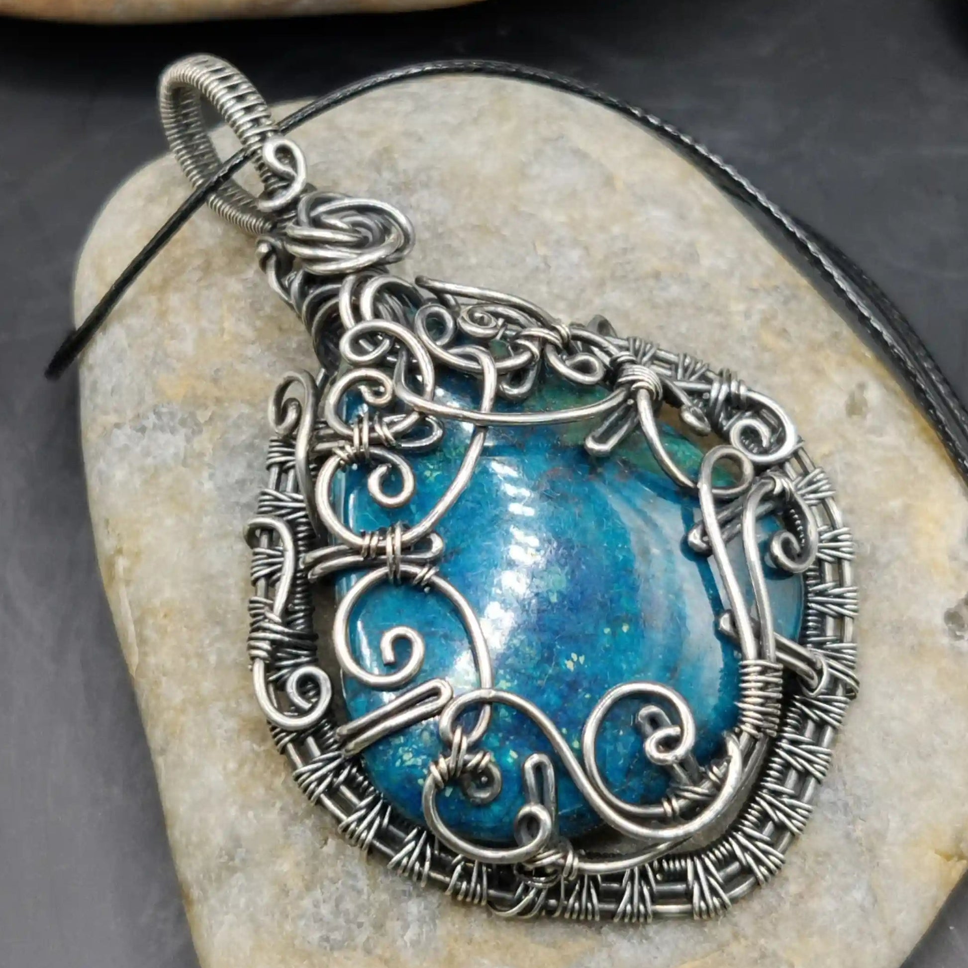 Neelkanth blue shattuckite sterling silver pendant made in pune completely by hand.
