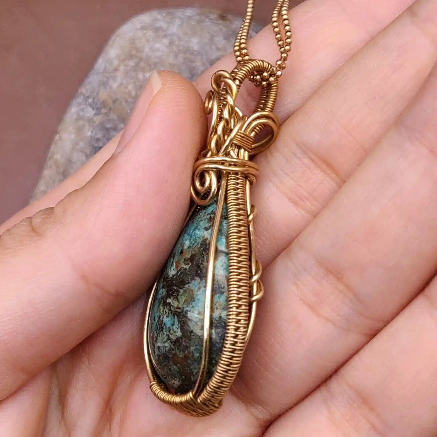 Prisha - Tibetan Turquoise  brass Necklace 001 side view made by sanguine aura handcrafted jewellery, India 