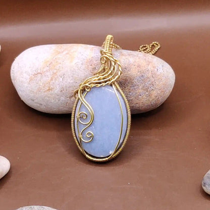Prisha Blue Angelite Brass pendant 001 made by sanguine aura for peace, calm and to enhance self expression by activating throat chakra.