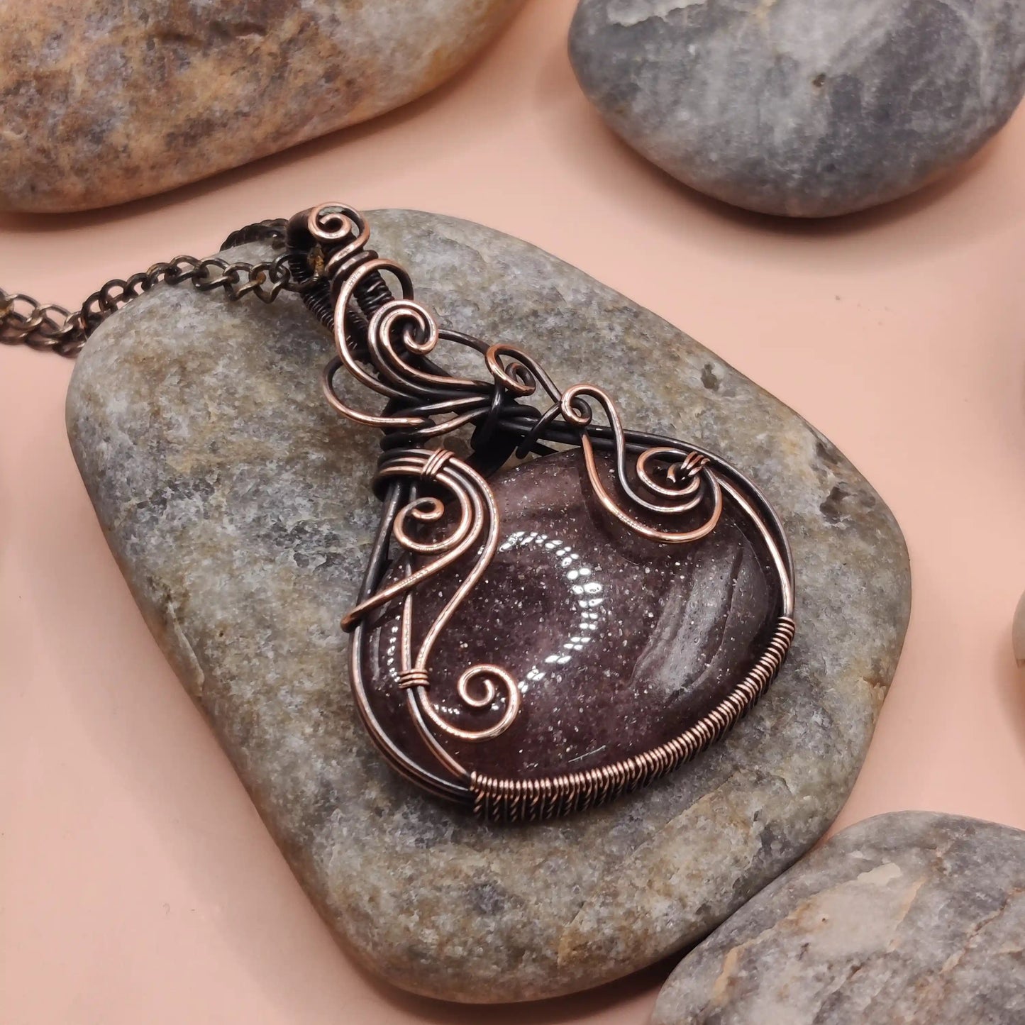 Prisha Strawberry Quartz pendant 001 in antique copper made by Sanguine Aura handcrafted jewellery, India 