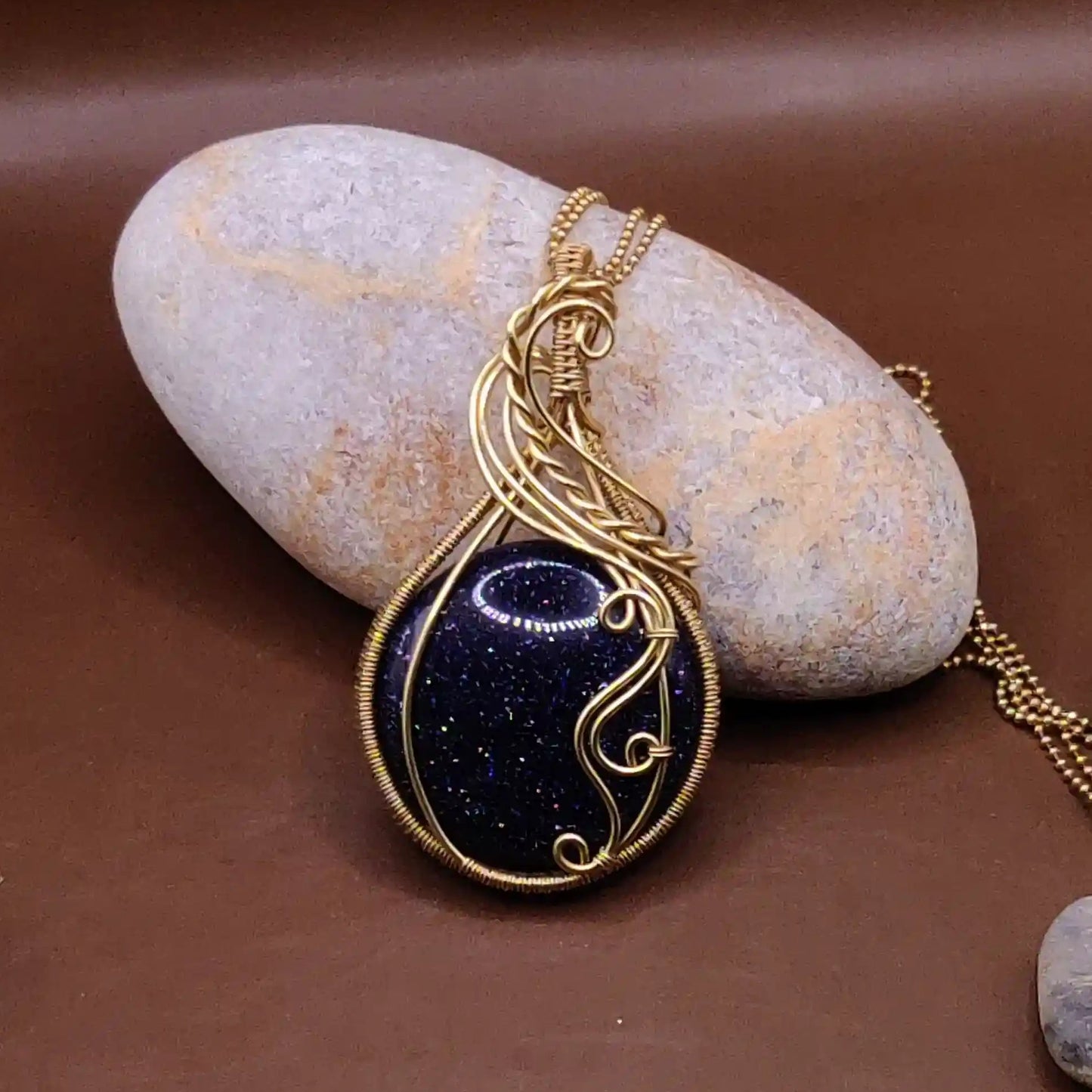 Prisha blue sandstone brass necklace 001 made by sanguine aura for a glittering experience around your neck