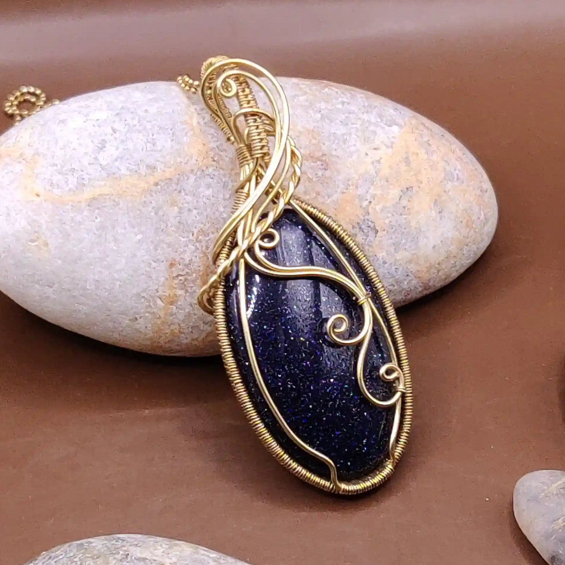 Prisha blue sandstone brass pendant 002 made by sanguine aura handcrafted jewellery.