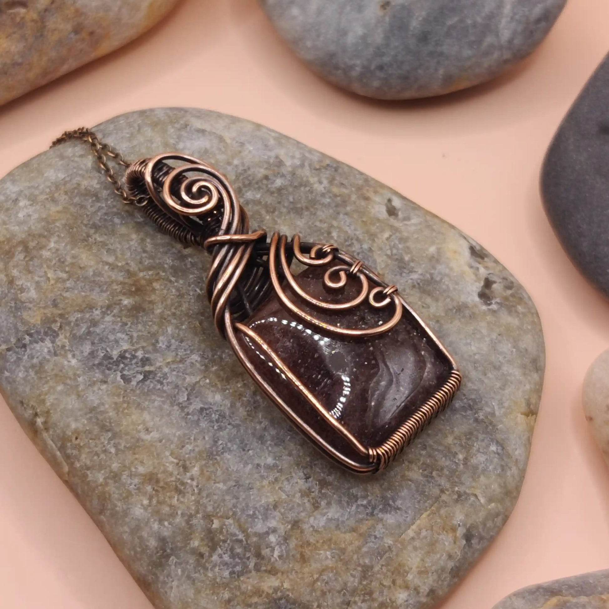 Prisha strawberry quartz 002 pendant in antique copper made by sanguine aura handcrafted jewellery