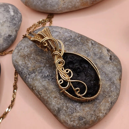 Raw tektite necklace 001 aadhya in Brass by sanguine aura handmade with real tektite used for protection from evil eye and meditation.