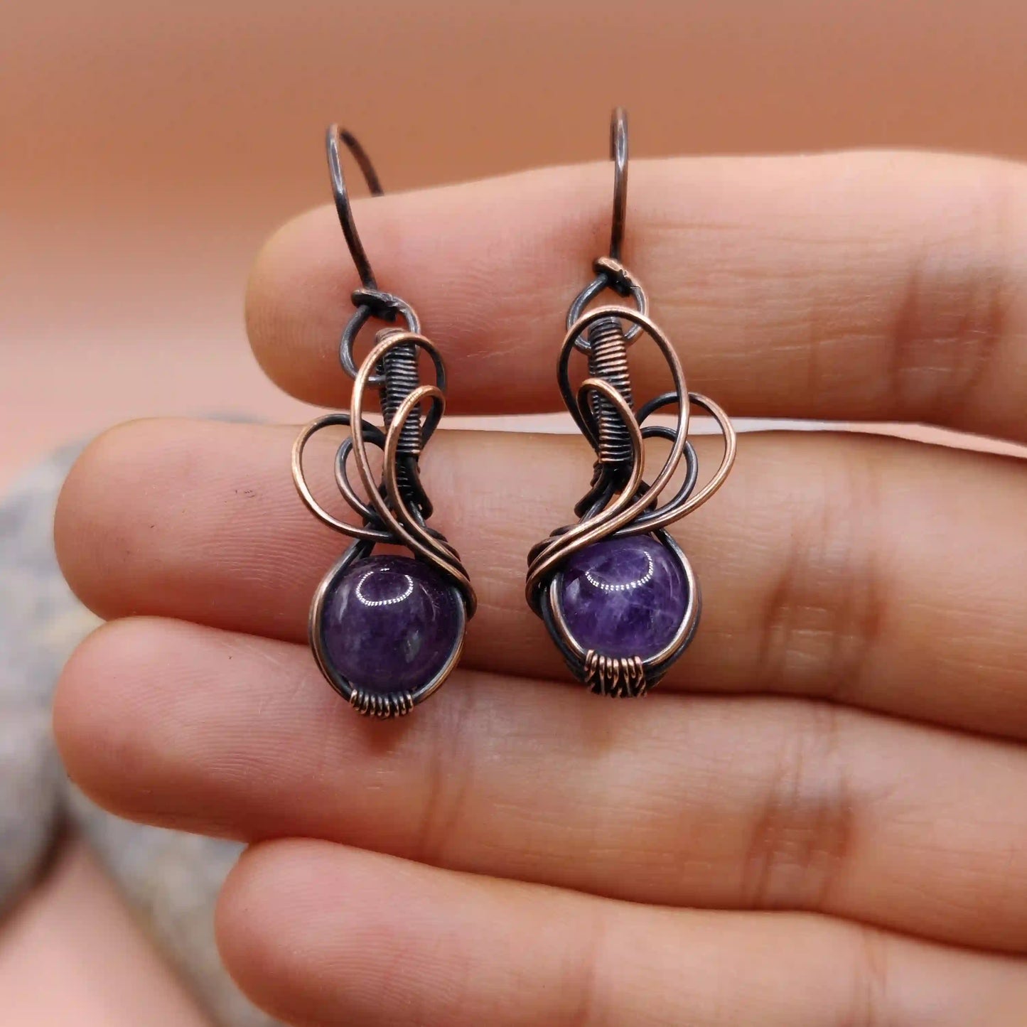 Tanvi - Amethyst Earring In Copper 001 By Sanguine Aura Handcrafted Jewellery. Healing Benefits Of Amethyst -  eases stress, promotes sleep, and brings clarity.