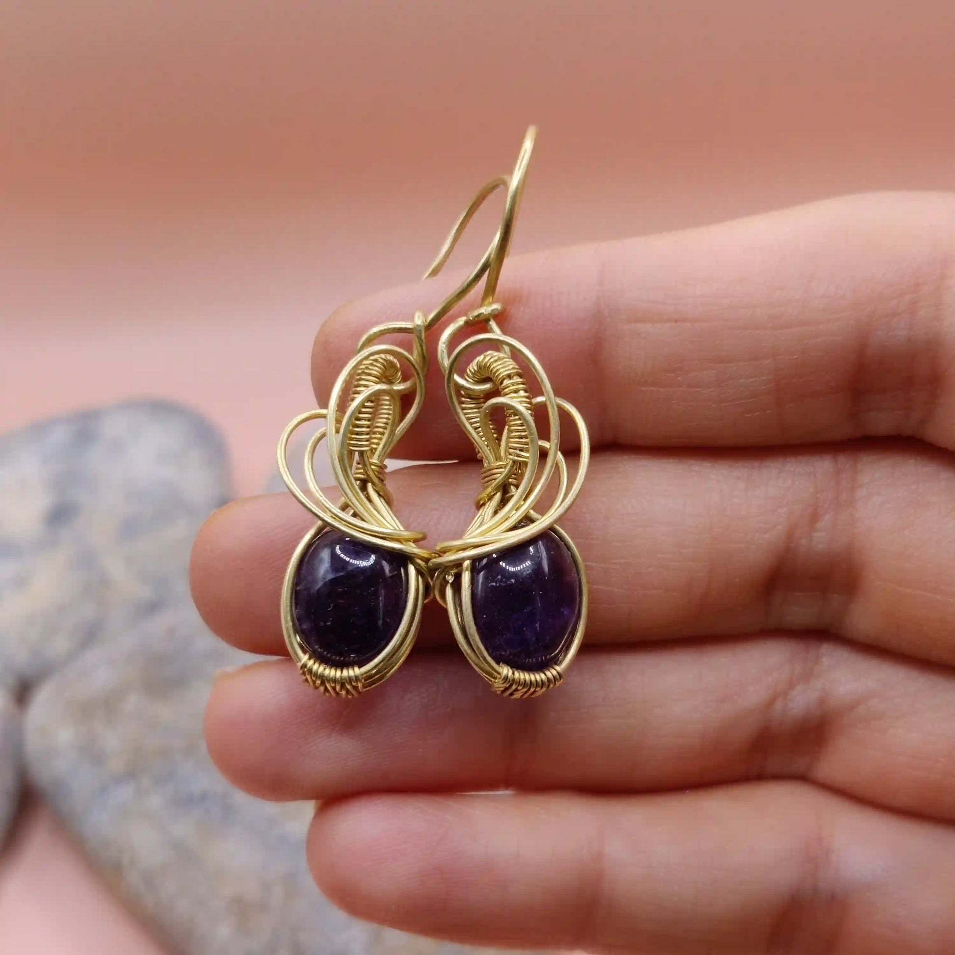 Tanvi - Amethyst Earrings In Brass 002 SA2 By Sanguine Aura Handcrafted Jewellery