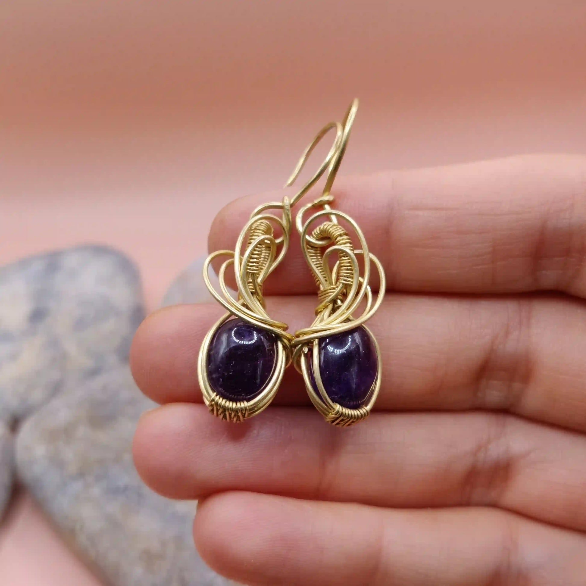 Tanvi - Amethyst Earrings In Brass 002 SA3 By Sanguine Aura Handcrafted Jewellery