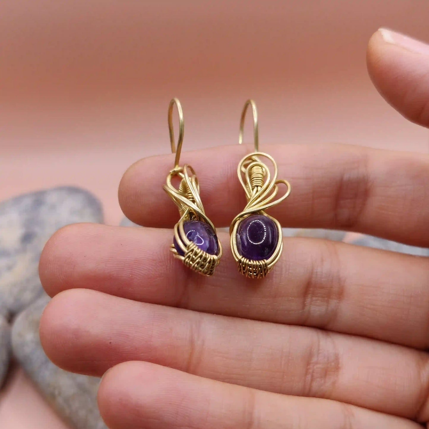 Tanvi - Amethyst Earrings In Brass 002 SA4 By Sanguine Aura Handcrafted Jewellery