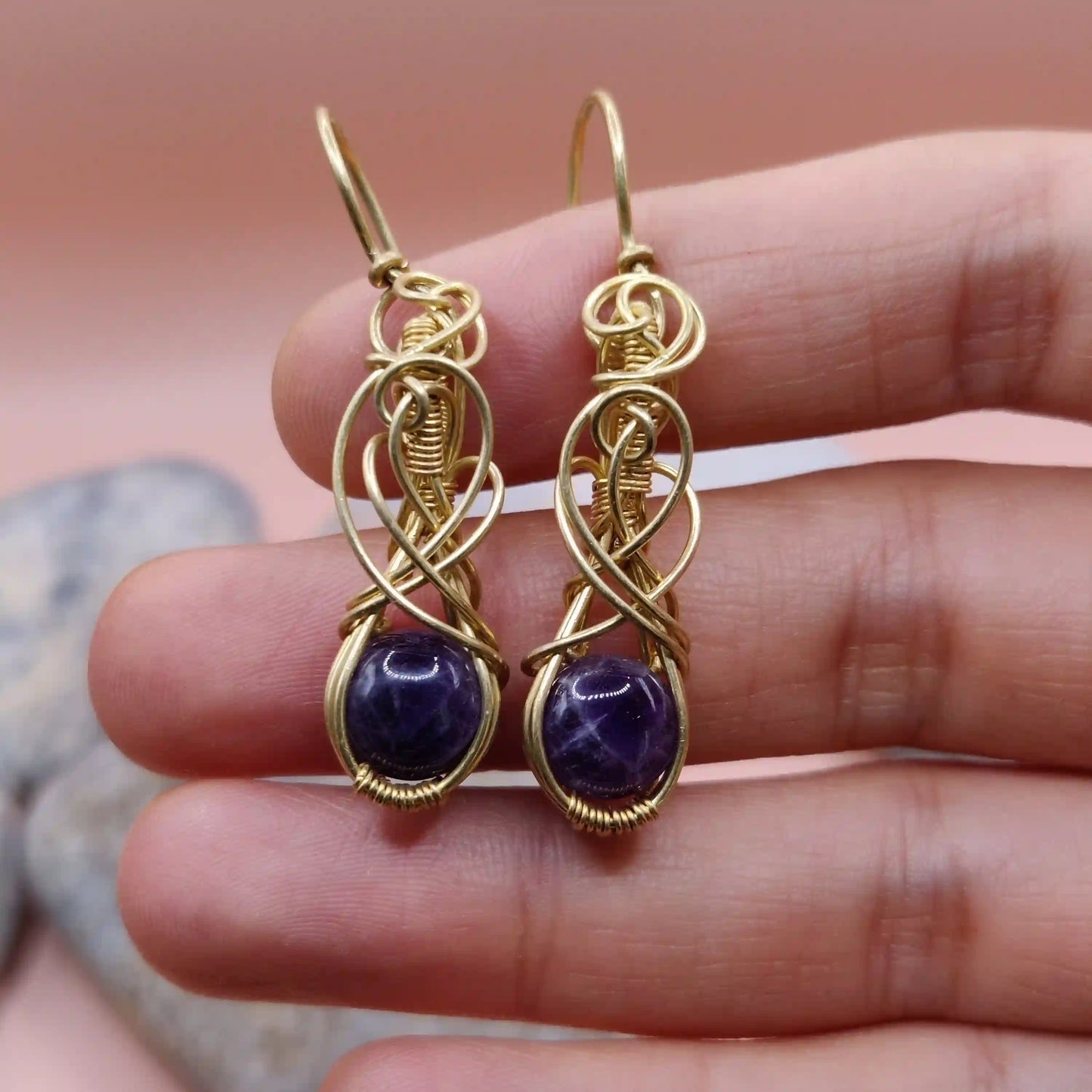 Tanvi - Amethyst Earrings In Brass 004 By Sanguine Aura Handcrafted Jewellery. Healing Benefits Of Amethyst -  eases stress, promotes sleep, and brings clarity.