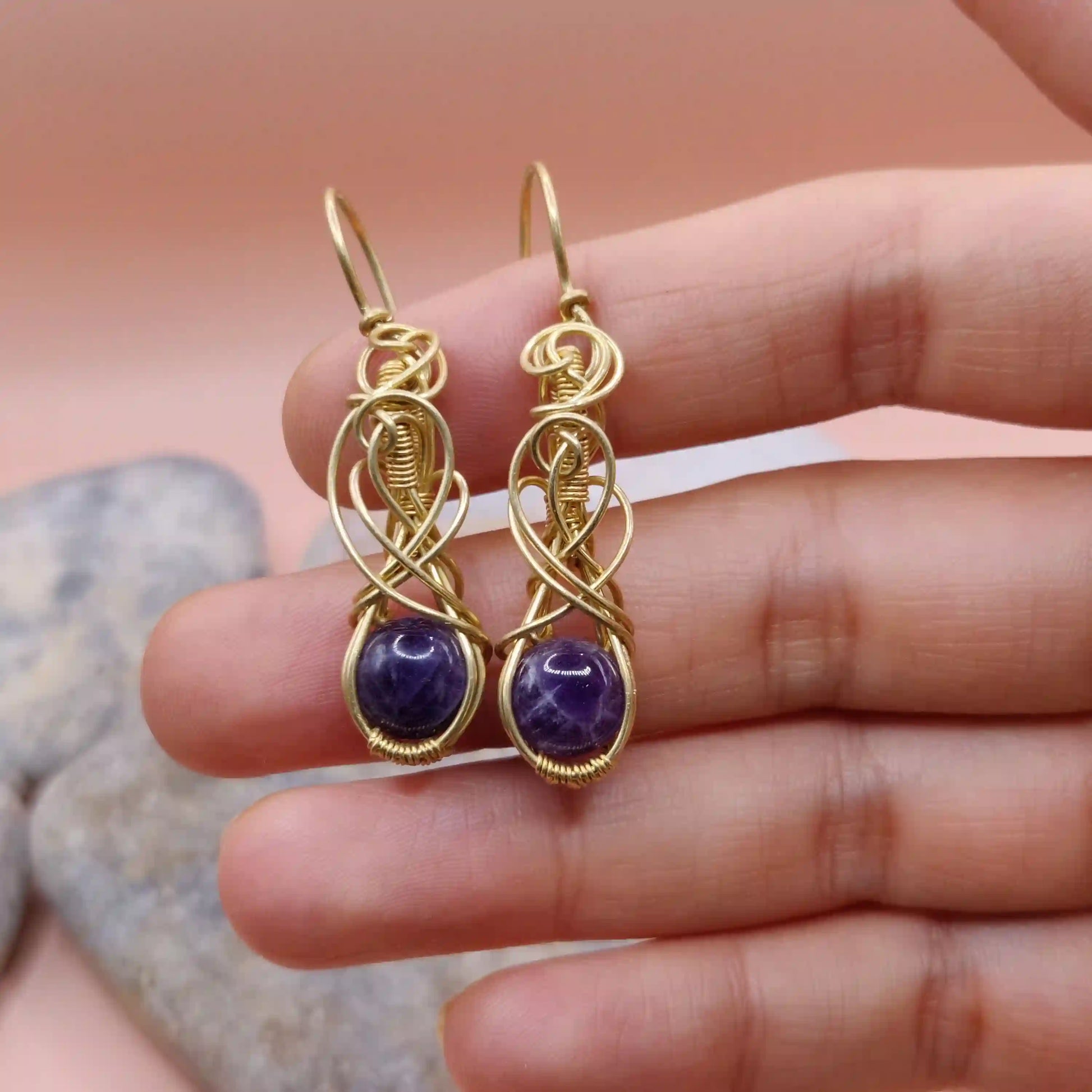 Tanvi - Amethyst Earrings In Brass 004 SA4By Sanguine Aura Handcrafted Jewellery