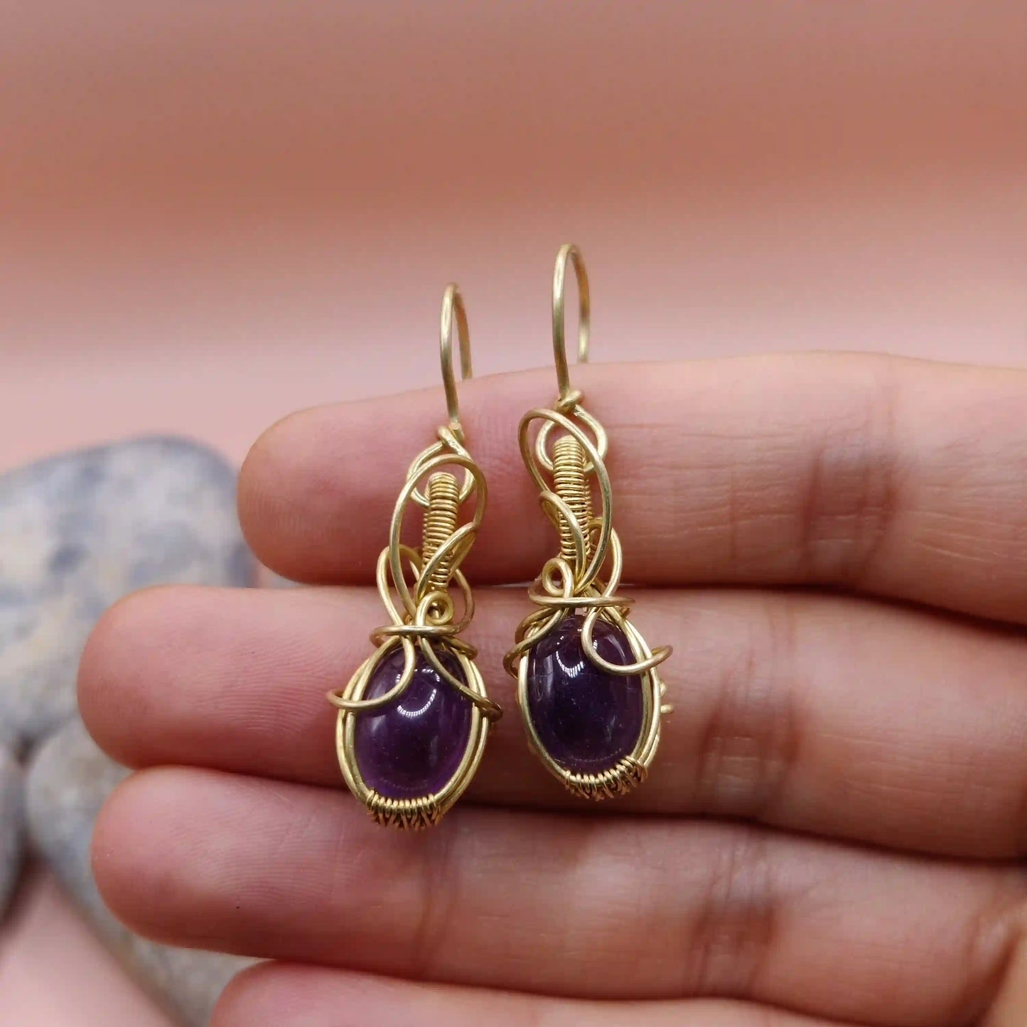 Tanvi - Amethyst Earrings In Brass 005 By Sanguine Aura Handcrafted Jewellery. Healing Benefits Of Amethyst -  eases stress, promotes sleep, and brings clarity.