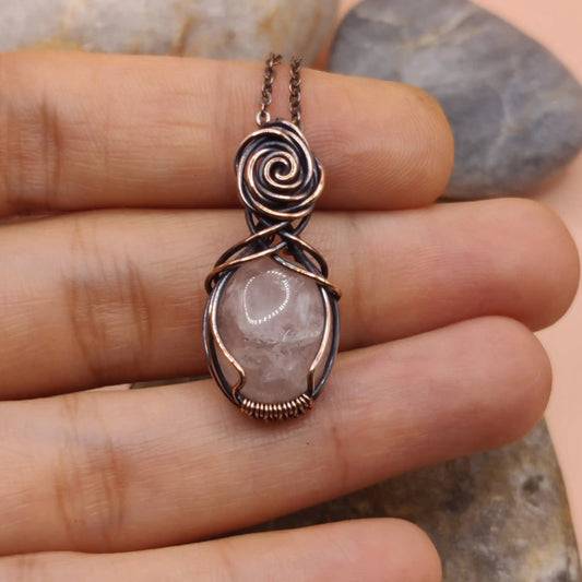 Tanvi Rose Quartz Pendant in oxidized copper 001 made by sanguine aura handcrafted jewellery