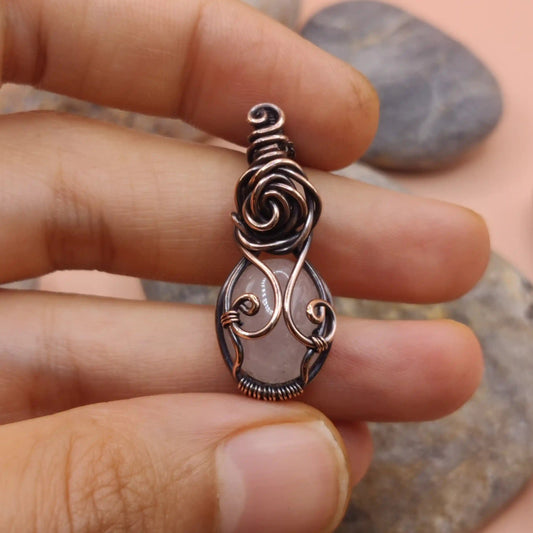 Tanvi rose quartz pendant made with antiqued copper 002 made by sanguine aura handcrafted jewellery, India 