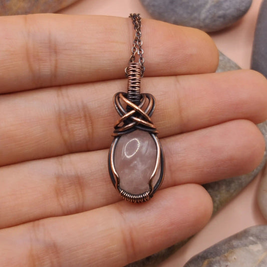 Tanvi rose quartz pendant made with antiqued copper 003 made by sanguine aura handcrafted jewellery, India 