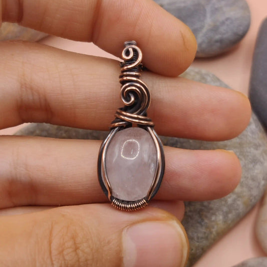 Tanvi rose quartz pendant made with antiqued copper 004 made by sanguine aura handcrafted jewellery, India 