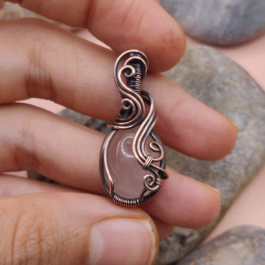 Tanvi rose quartz pendant made with antiqued copper 005 made by sanguine aura handcrafted jewellery, India