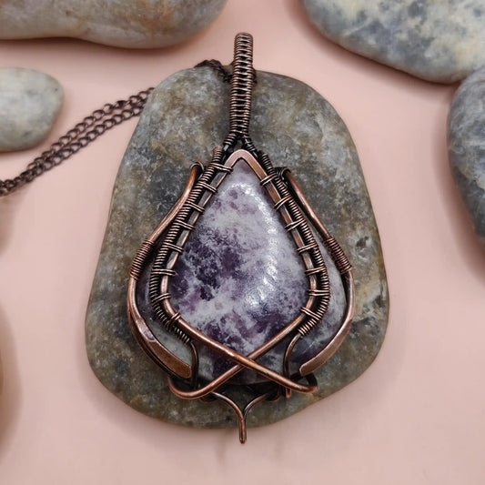 Veena Lepidolite necklace in copper handmade by sanguine aura handcrafted jewellery, pune, India