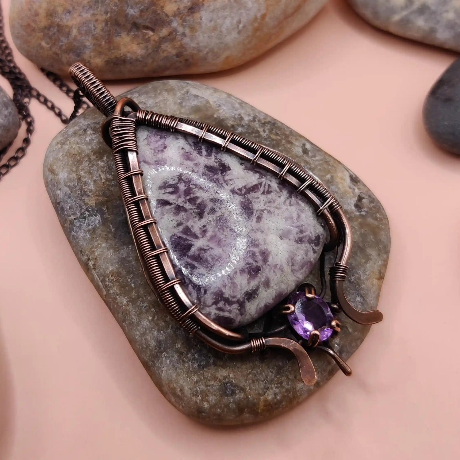 Veena lepidolite and amethyst copper necklace available in pune, India at sanguine aura handcrafted jewellery 