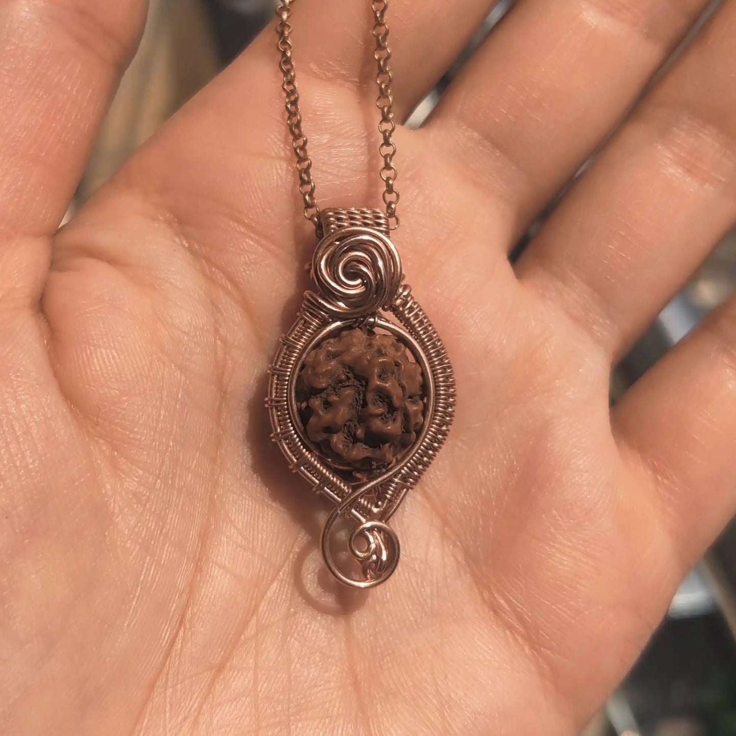 anagha pure copper pendant with chain with nepali 5 mukhi rudraksha made by sanguine aura handmade jewellery, India 