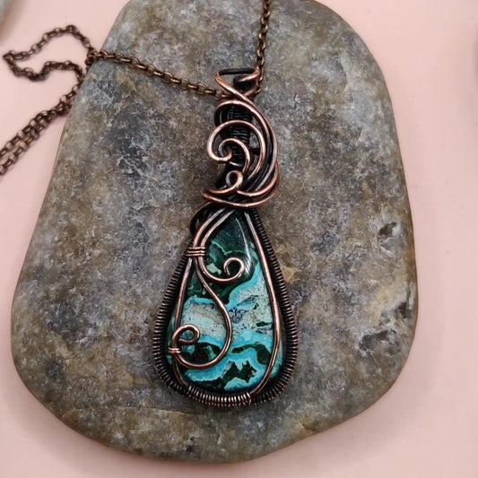 chrysocolla and malachite pendant made with copper by sanguine aura handcrafted jewellery, India 