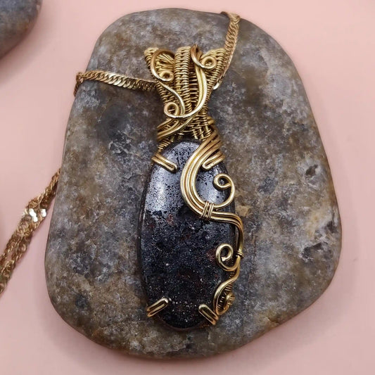 chaitya hematite necklace in brass 002, front view. handcrafted by sanguine aura artisan jewellery, pune