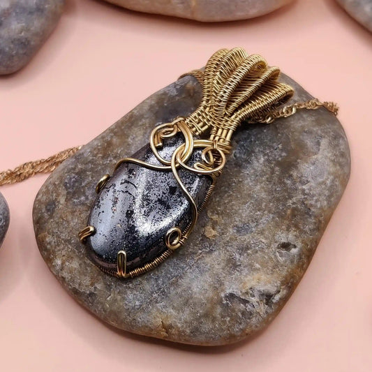 chaitya hematite necklace in brass 003, side view. Handmade by sanguine aura handcrafted jewellery, pune