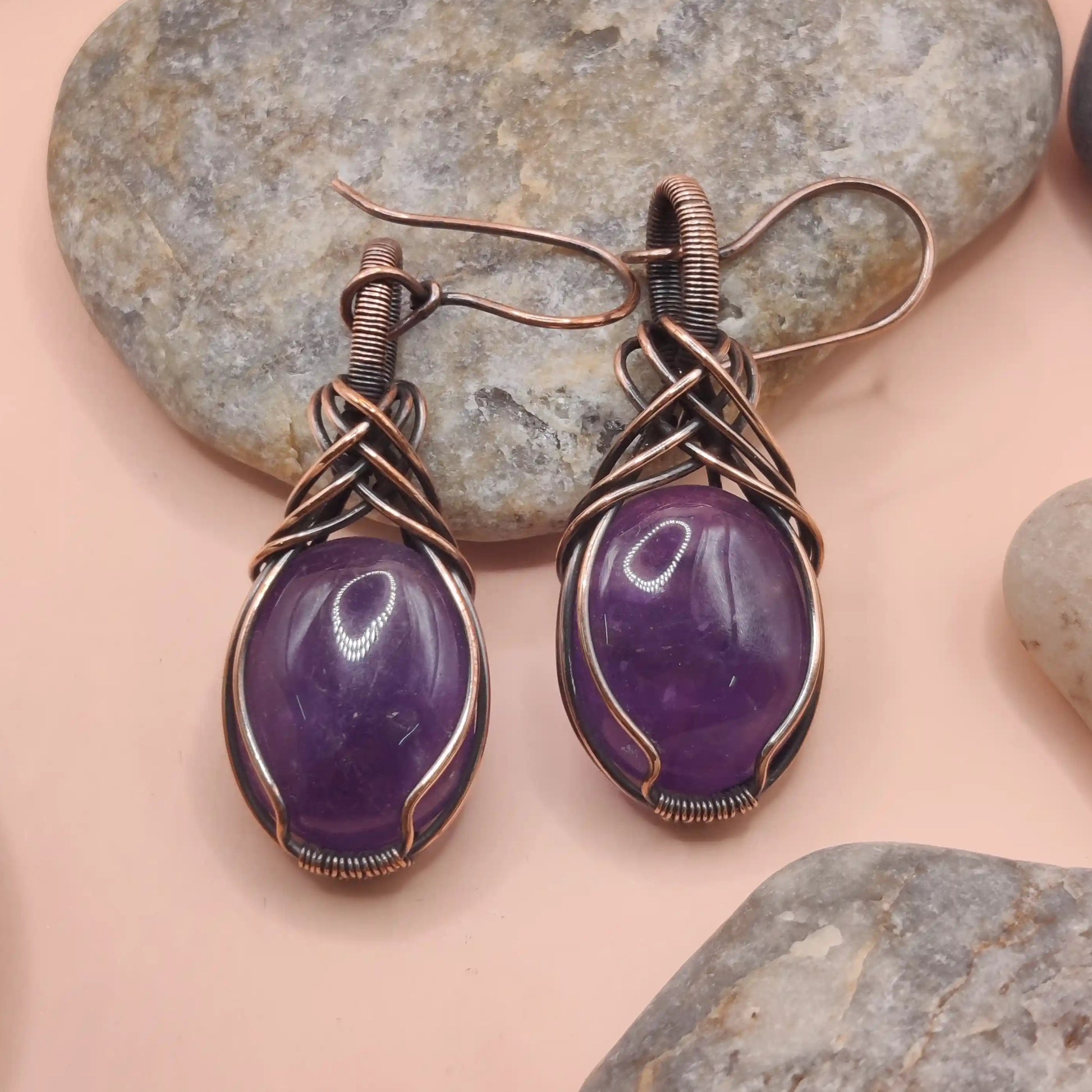 kimaya amethyst earrings in copper001 made by sanguine aura handcrafted jewellery